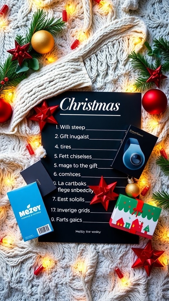 A festive Christmas wishlist featuring cozy items, books, and tech gadgets on a decorated table.